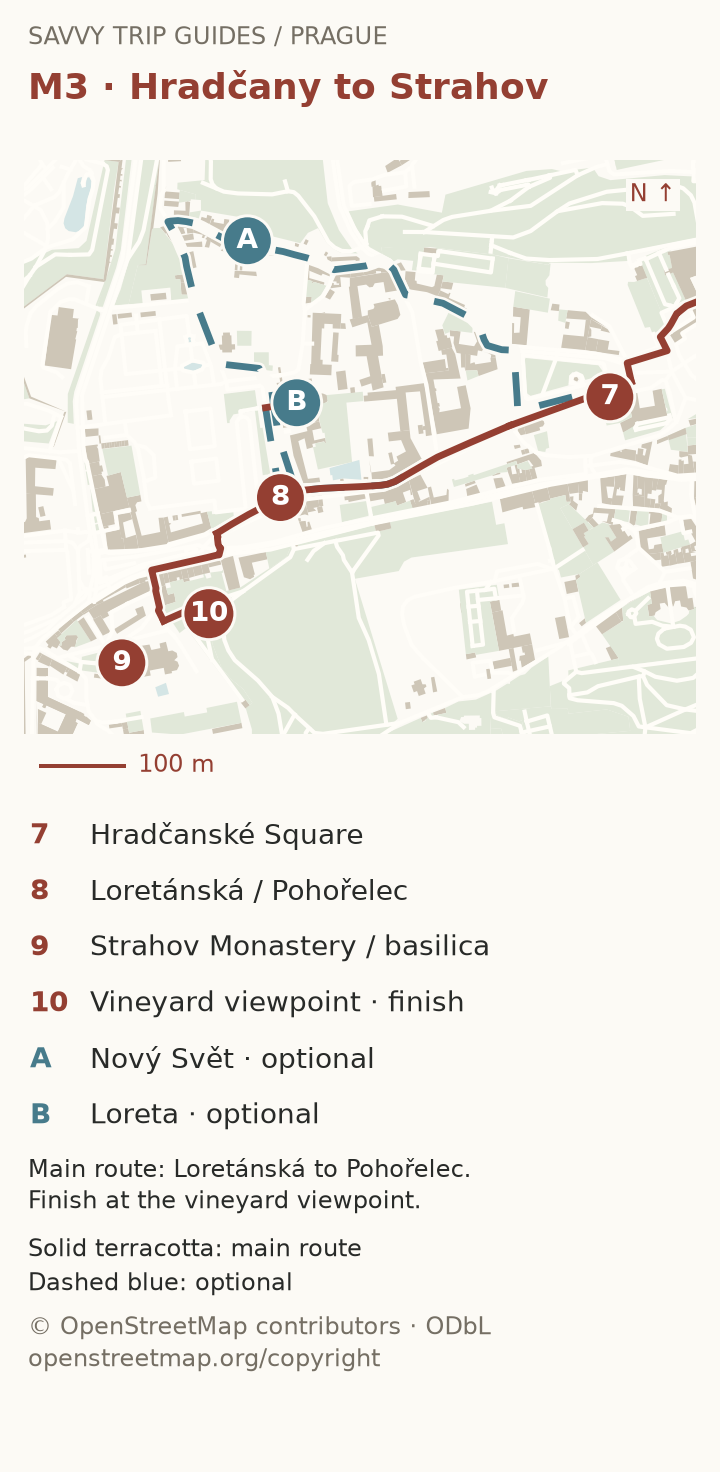 Route map M3, with numbered key and OpenStreetMap attribution