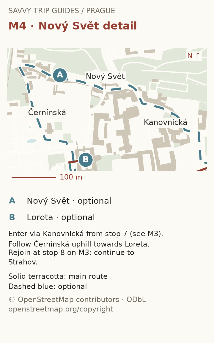 Route map M4, with numbered key and OpenStreetMap attribution